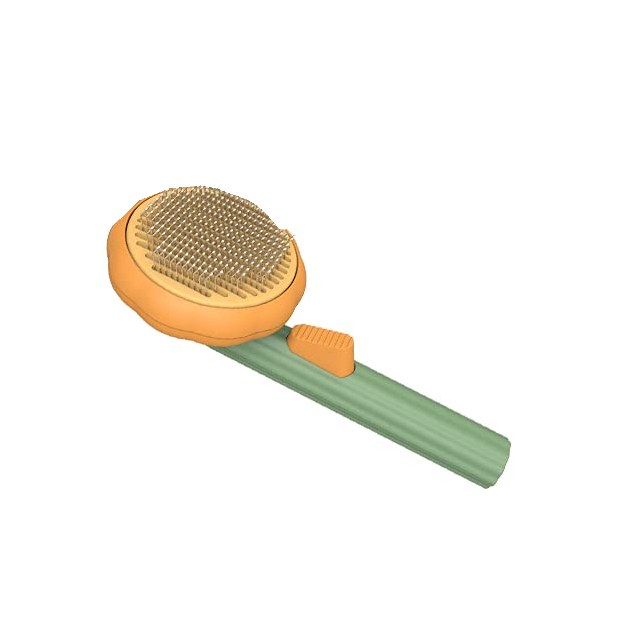 Spazzola autopulente con testina tonda arancione, punte sottili e manico verde con pulsante, su sfondo bianco