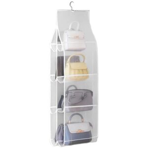Organizer pensile trasparente con bordi bianchi e gancio in metallo, con quattro borse nelle tasche, su sfondo bianco